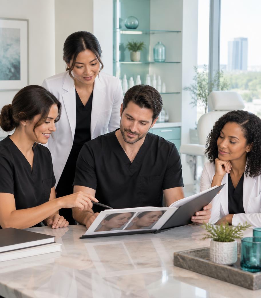 A multidisciplinary group of aesthetic professionals reviewing work together